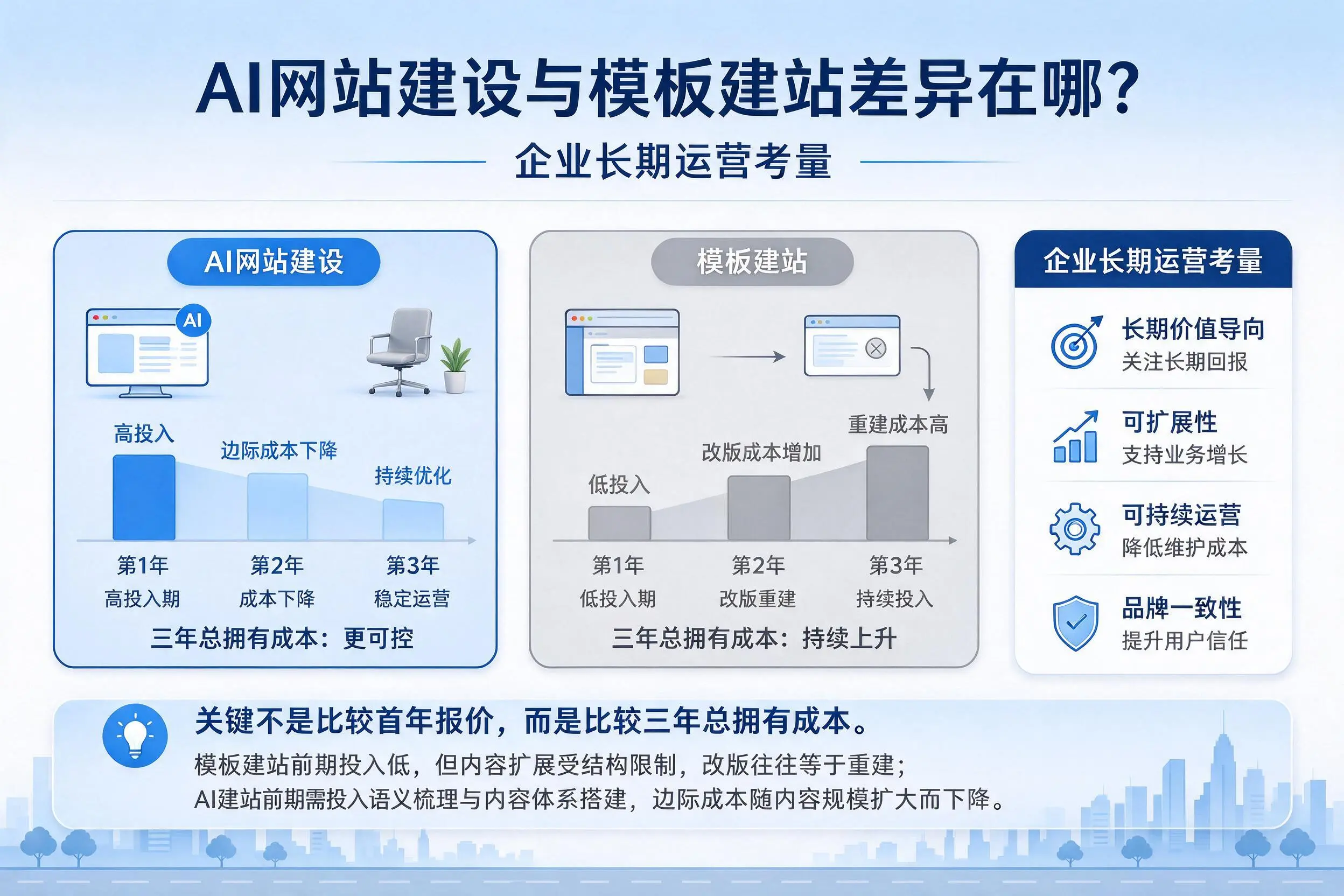 AI网站建设与模板建站差异在哪?双鸭山企业长期运营考量